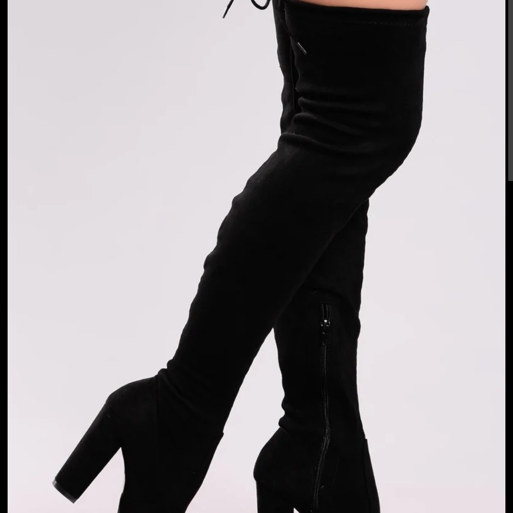 Fashion Nova Black Over-the-Knee Boots with High Block Heel - Picture 4 of 10